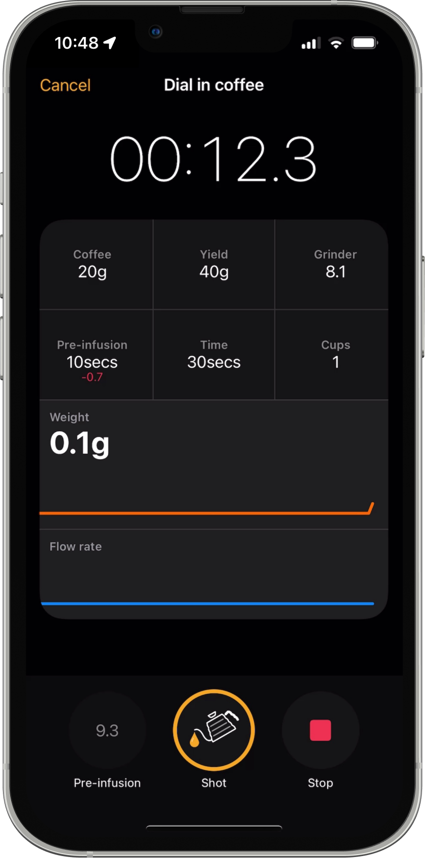 Filtru espresso tools showing shot recording and taste guidance.